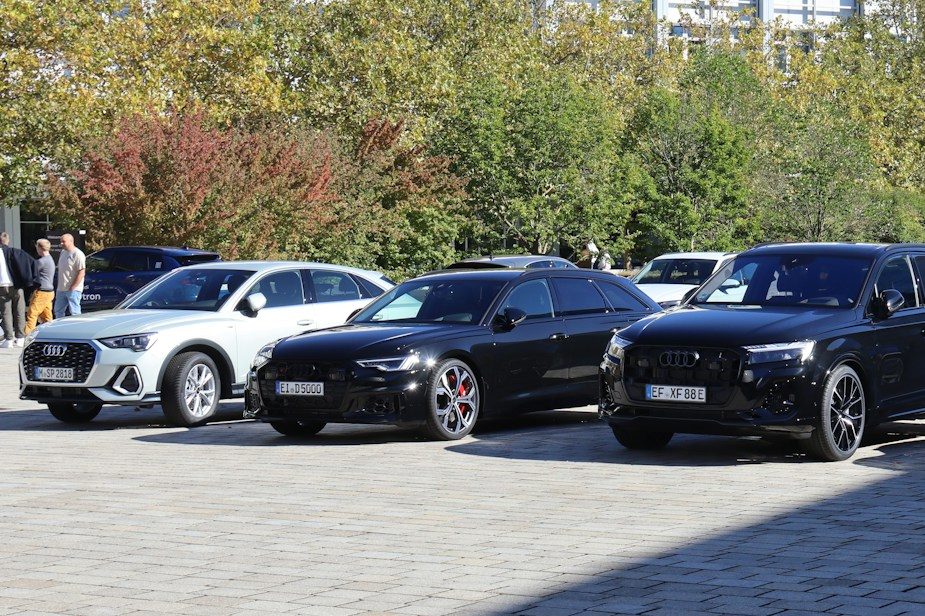 Three cars parked in a row: two SUVs and a sedan, amidst greenery.