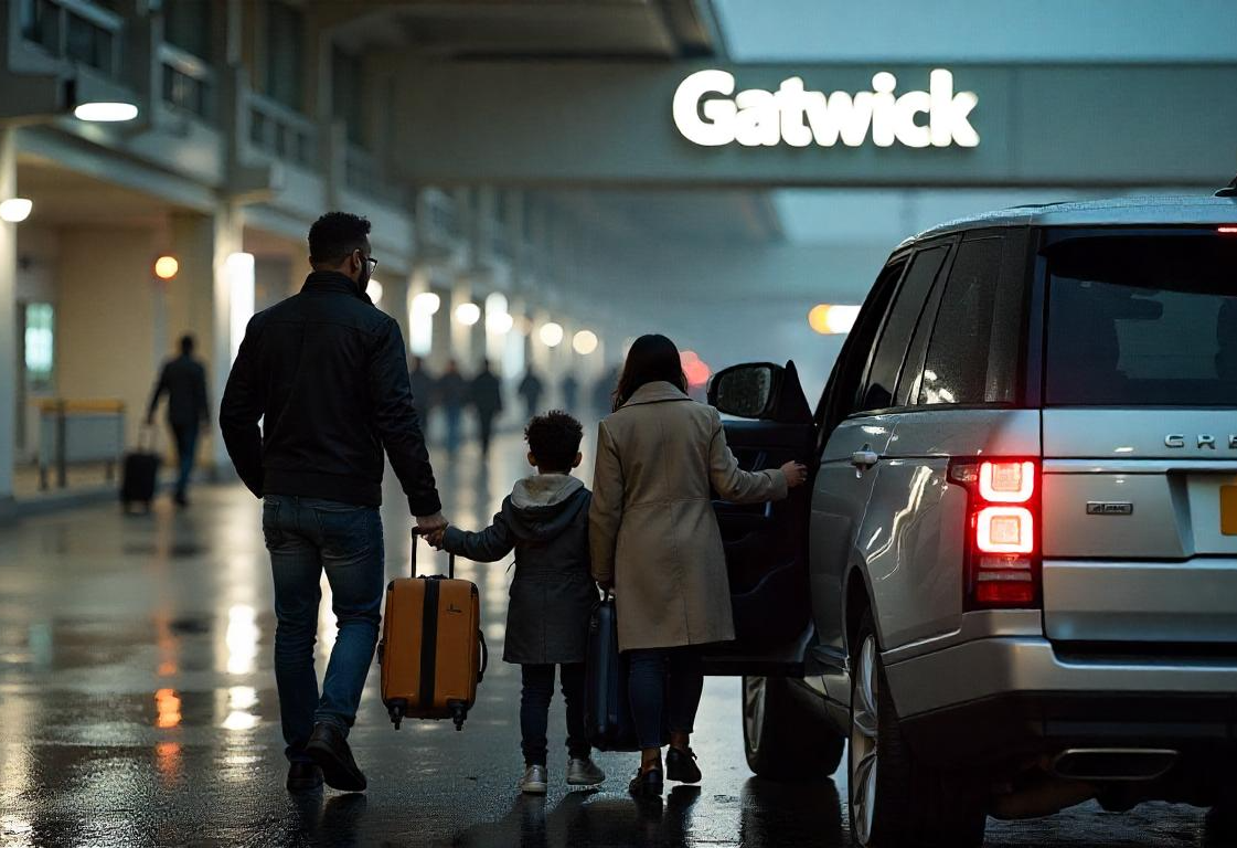 Crystal Cars Taxi Service in Gatwick Airport to South London A family arriving at Gatwick Airport, carrying luggage and walking towards a vehicle.