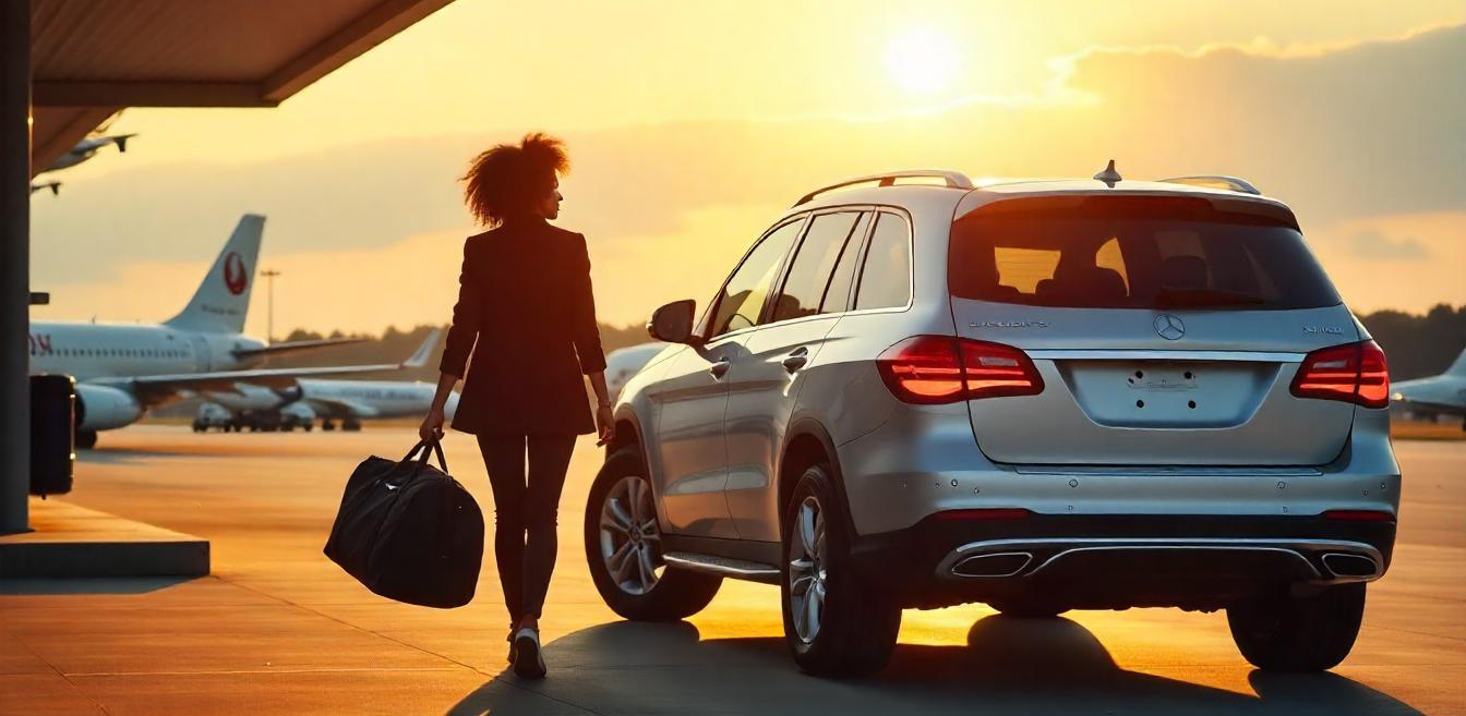 A woman with a suitcase approaches a parked car at an airport during sunset.